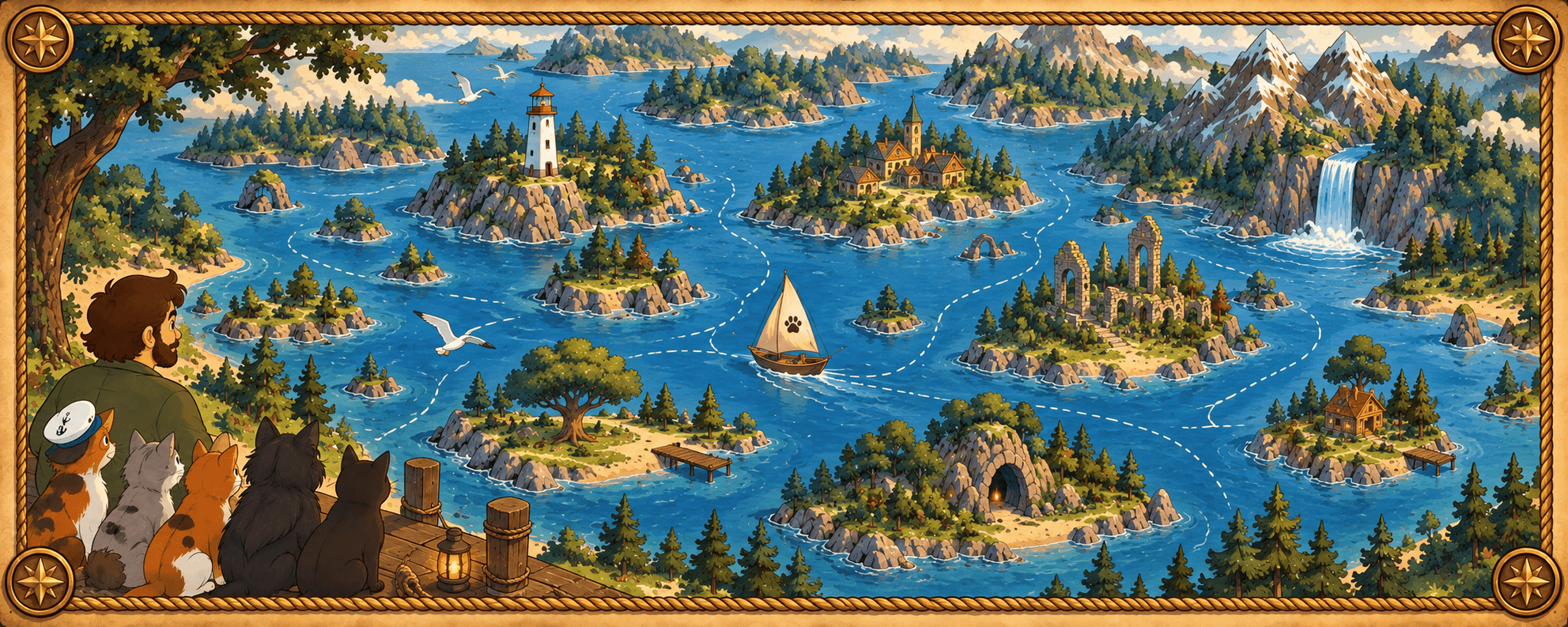 Mapa ilustrado del lago, con islas, un faro, ruinas y un velero; el capitán y los gatos lo miran desde el muelle