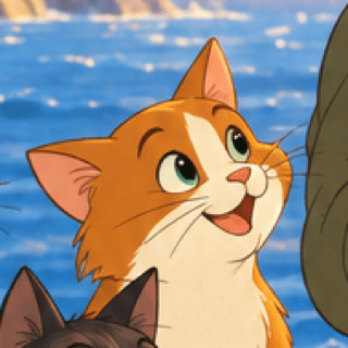 Paz, una gata naranja y blanca mirando hacia arriba con ojos muy abiertos